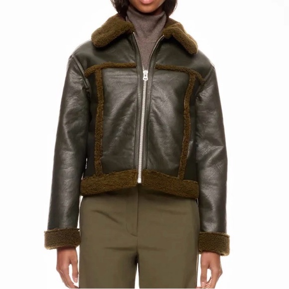 Peter Som Dark Green Faux Leather with Sherpa Trim Jacket - Picture 3 of 12